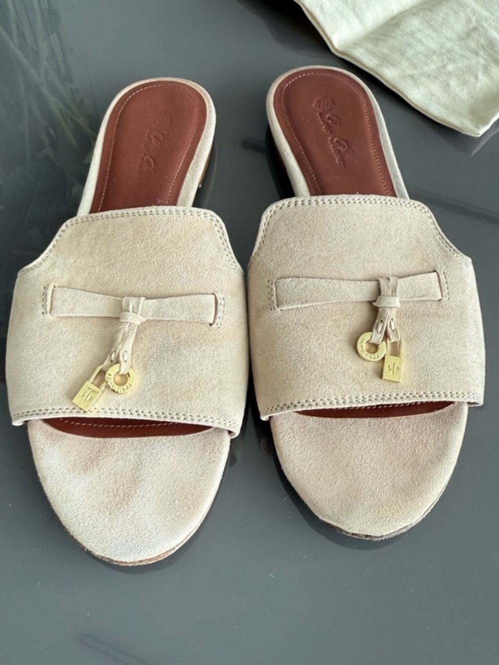 Loro Piana Summer Charms Suede Slides Sandals Sandstone Light EU38 - Picture 2 of 8